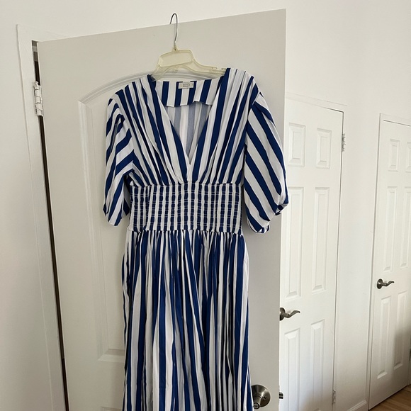 AYR Extra Extra Puff Sleeve Midi Dress in Marais Blue Regatta Stripe Women's L - Picture 3 of 4